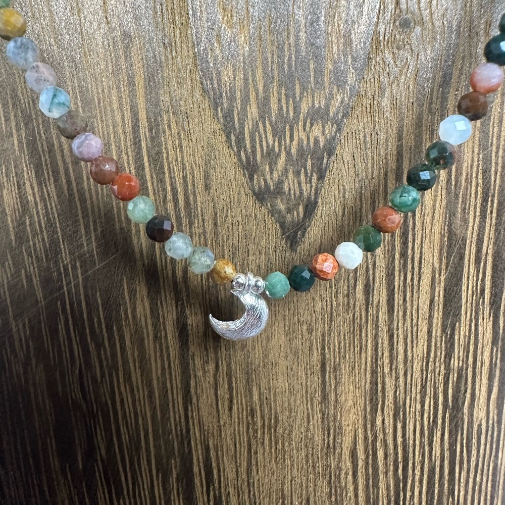 Indian Agate Beaded Necklace with Sterling Silver Crescent Moon Charm - Picture 9 of 9